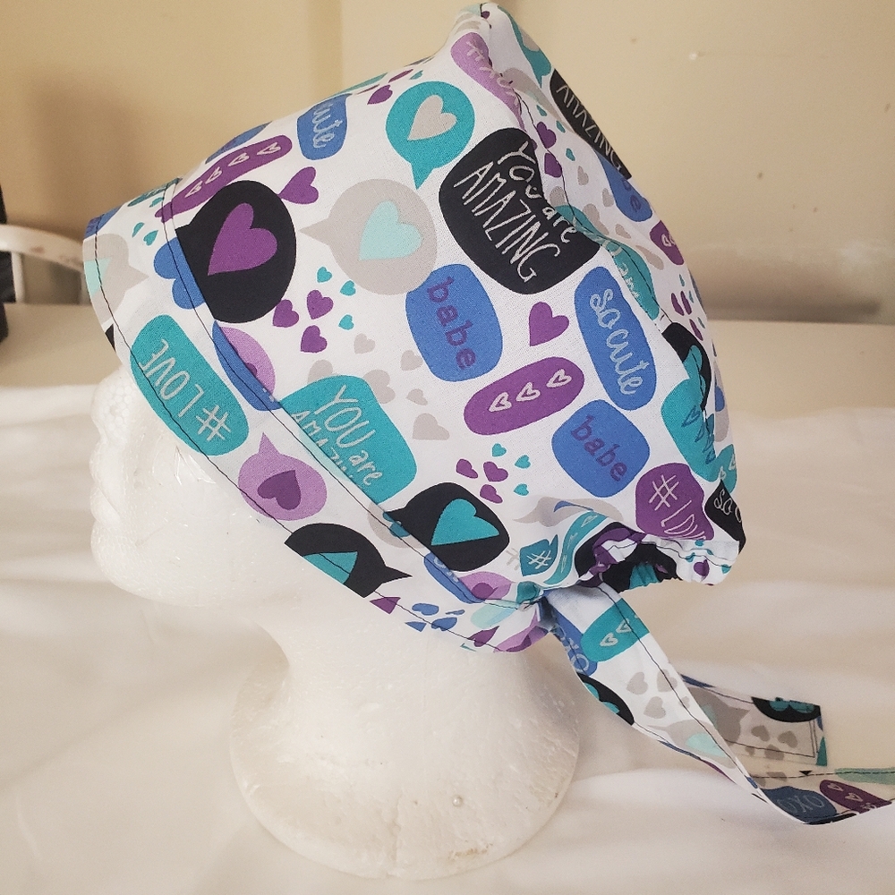 Love Notes Text Print Scrub Cap Medical/Cotton Adult Sz